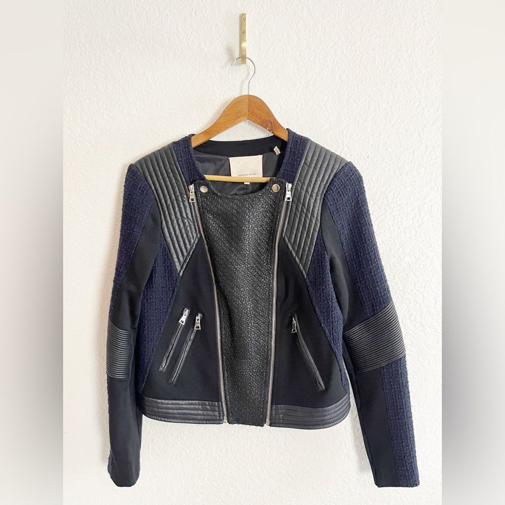 Rebecca Taylor black and blue tweed and faux leather moto biker jacket 6 - Picture 4 of 12